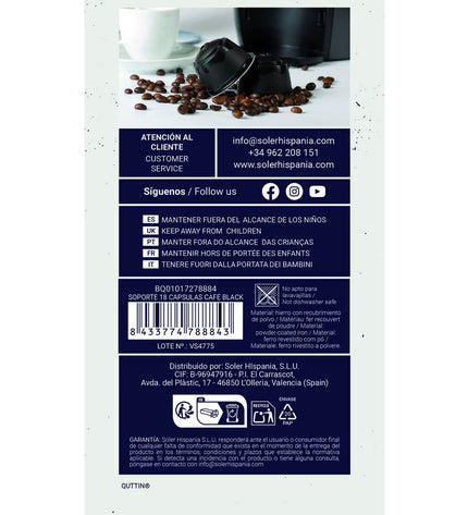 Quttin black iron coffee capsule organizer with 12 compartments, measures 11.5 x 33 cm for kitchen and coffee storage.