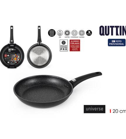 Six black aluminium pans from Quttin Universe, 20 cm diameter, suitable for home cooking, arranged on a kitchen surface.