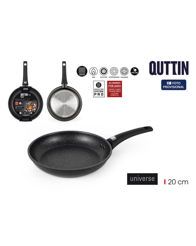 Six black aluminium pans from Quttin Universe, 20 cm diameter, suitable for home cooking, arranged on a kitchen surface.