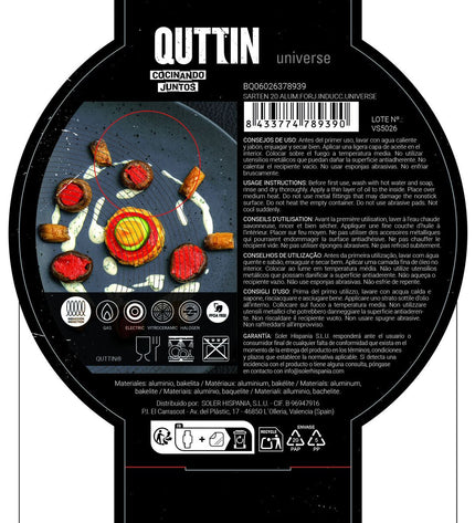 Six black aluminium pans from Quttin Universe collection, 20 cm diameter, suitable for cooking and kitchen use.