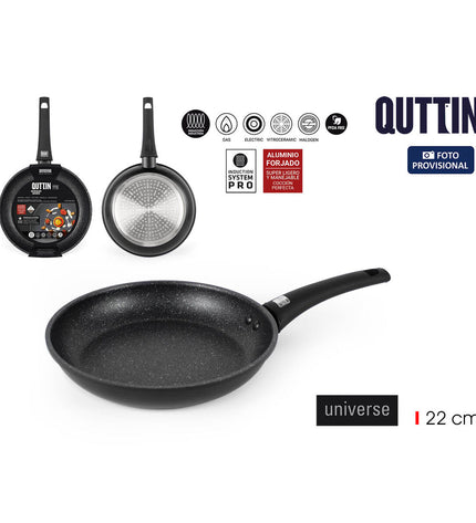 Set of six Quttin Universe black aluminium pans, 22 cm diameter, suitable for home cooking and kitchen use.