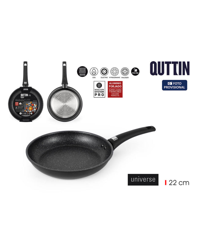Set of six Quttin Universe black aluminium pans, 22 cm diameter, suitable for home cooking and kitchen use.