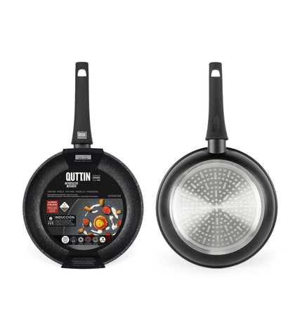 Six black aluminium pan Quttin UNIVERSE 22cm cookware, ideal for kitchen and home cooking, shown stacked on a countertop.
