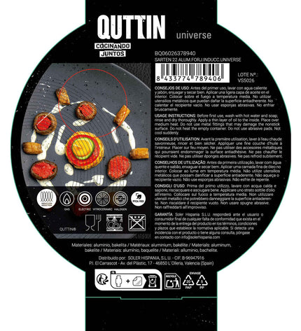 Set of six black aluminium pans by Quttin, 22 cm diameter, ideal for home cooking and kitchen use.