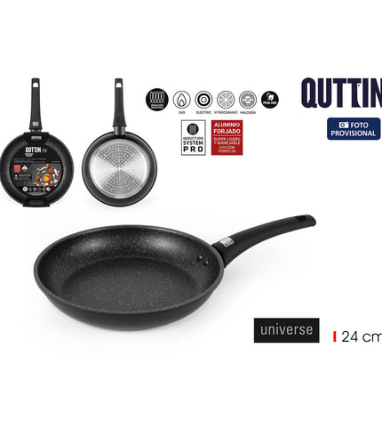 Six Quttin Universe black aluminum pans, 24 cm diameter, perfect for home cooking and kitchen use.