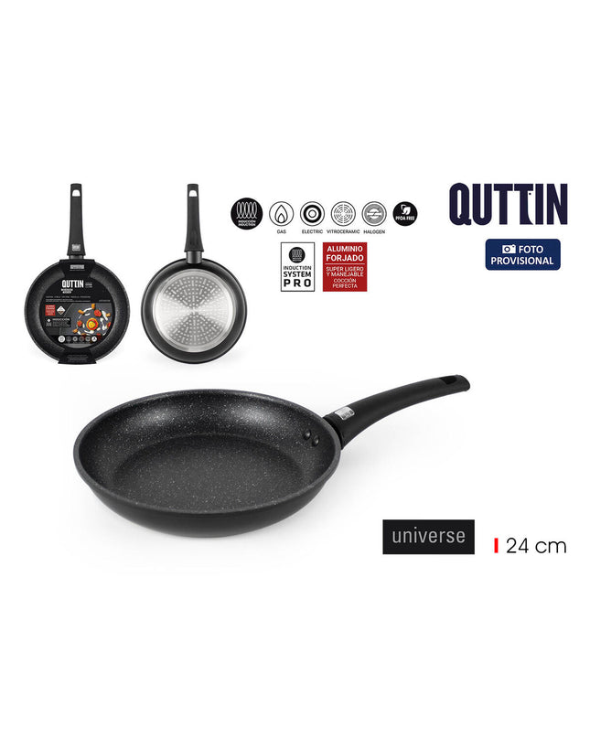 Six Quttin Universe black aluminum pans, 24 cm diameter, perfect for home cooking and kitchen use.