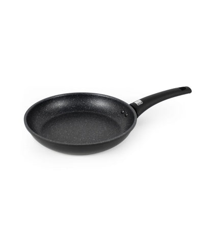 Set of six black aluminium pans by Quttin, 24 cm diameter, ideal for home cooking and kitchen use.