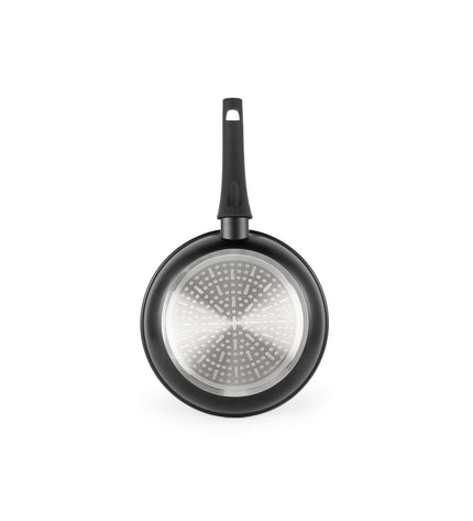 Set of six black aluminium pans by Quttin, 24 cm diameter, suitable for home cooking and kitchen use.