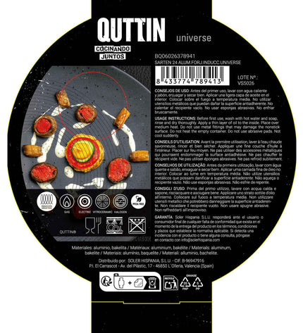 Set of six Quttin Universe black aluminium pans, 24 cm diameter, ideal for household cooking and kitchen use.