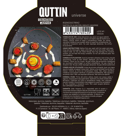 Six black aluminium pans from Quttin Universe collection, 26 cm diameter, suitable for home cooking and kitchen use.