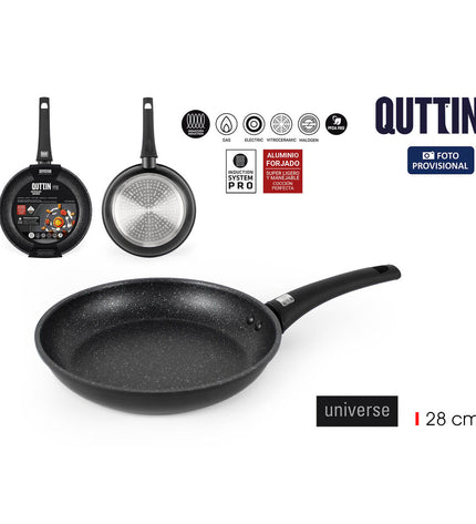 Six black aluminium pans from Quttin Universe set, 28 cm diameter, ideal for home cooking and kitchen use.