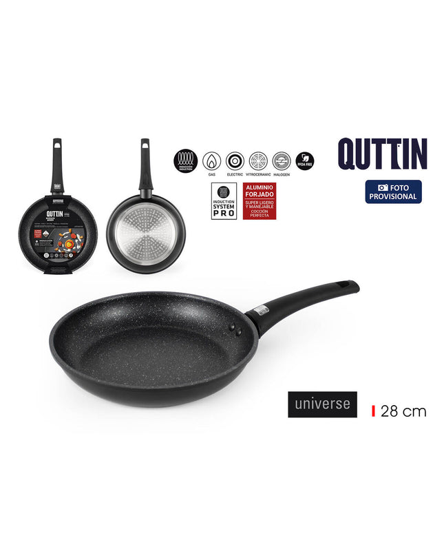 Six black aluminium pans from Quttin Universe set, 28 cm diameter, ideal for home cooking and kitchen use.