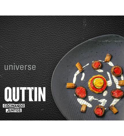 Set of six black aluminium pans by Quttin, 28 cm diameter, ideal for home cooking and kitchen use.