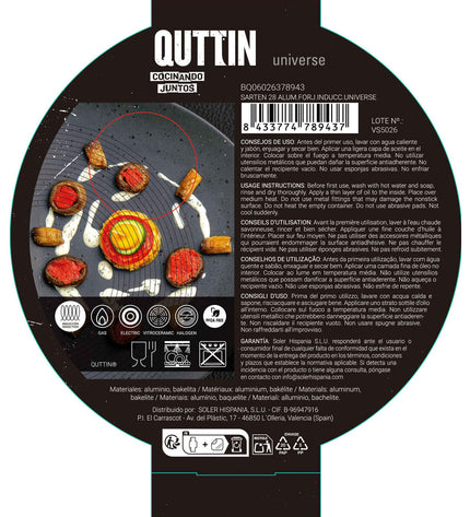 Six Quttin Universe black aluminium pans, 28 cm diameter, kitchen cookware set arranged on a surface.