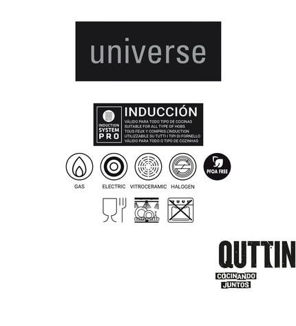 Set of six black aluminum pans from Quttin Universe, 30 cm diameter, ideal for home cooking and kitchen use.
