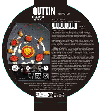 Six Quttin Universe black aluminum pans, 30 cm diameter, shown stacked on a kitchen countertop for cooking and houseware use.