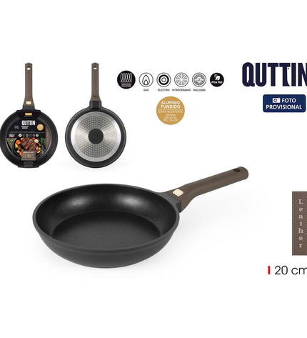 Set of six Quttin leather-bruin and zwart aluminum pans, 20 cm diameter, for kitchen and cooking use.