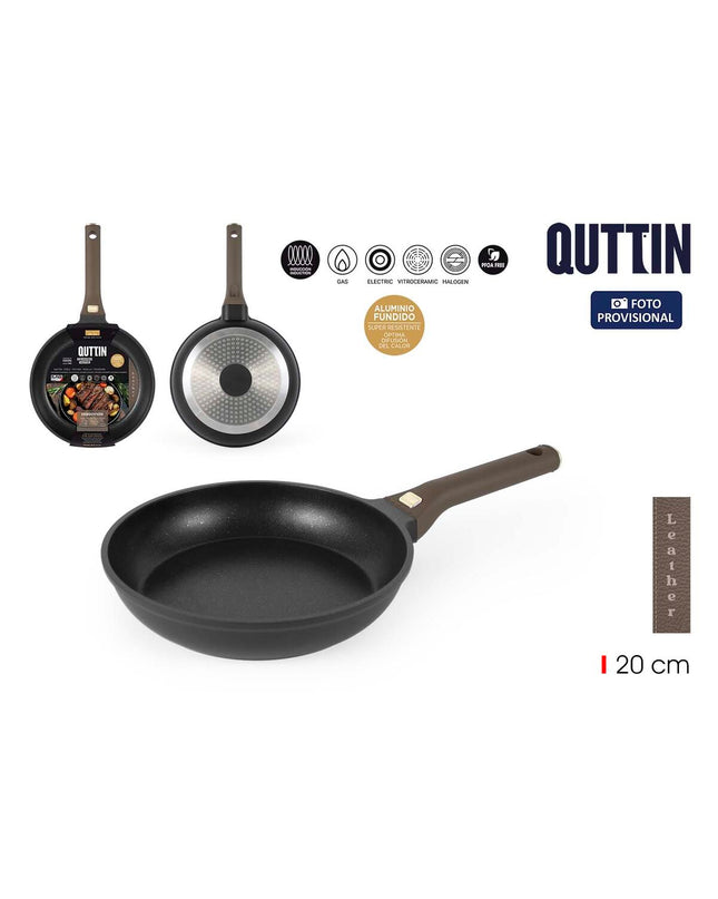 Set of six Quttin leather-bruin and zwart aluminum pans, 20 cm diameter, for kitchen and cooking use.