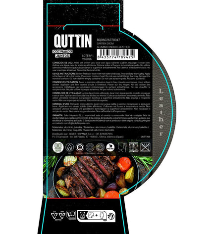 Set of six Quttin leather-handled frying pans in black and brown with 20 cm aluminium construction, suitable for home cooking.