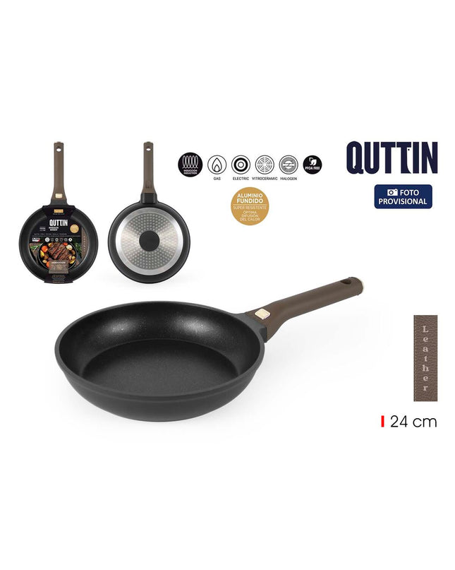 Set of six Quttin leather-handled frying pans with black and brown leather accents, aluminium body, 24 cm diameter for cooking.