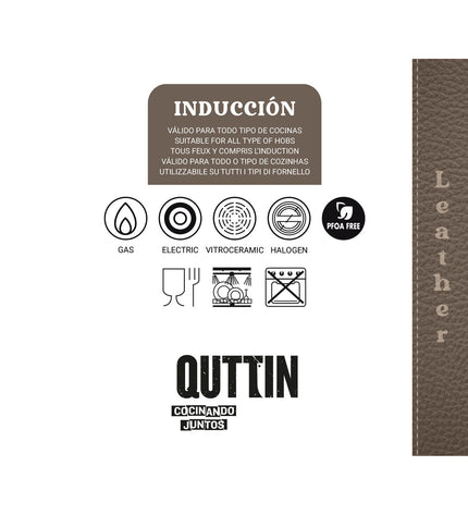 Set of six Quttin Leather Bruin Zwart aluminium pans, 24 cm diameter, for cooking and kitchen use.