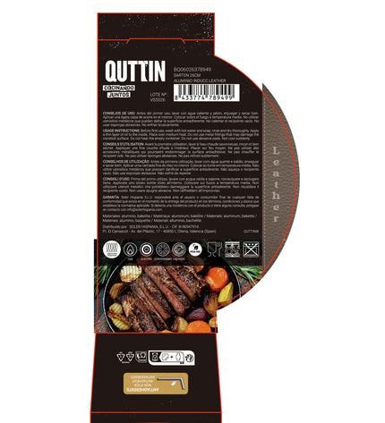 Quttin leather handle frying pan set with six aluminium pans, 26 cm diameter, in brown and black for household cooking use.