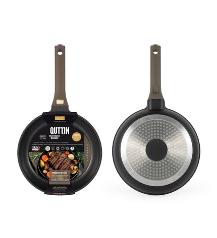 Quttin leather-bruin and zwart aluminium frying pans set, 30cm diameter, six pieces for kitchen and cooking use.