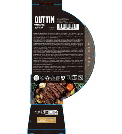 Set of six Quttin leather-bruin and zwart aluminum pans, 30 cm diameter, suitable for household cooking and kitchen use.