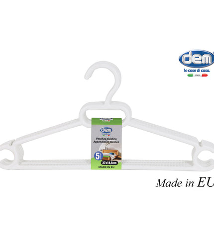Set of five white plastic Kleerhangers from Dem, 0.5 x 37 x 18.5 cm, for home storage and organization, with 36 pieces in total.