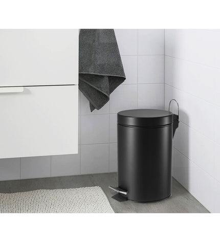 Set of six black Confortime 3L pedal bins for home kitchen storage and organization, shown with closed lids and foot pedals.