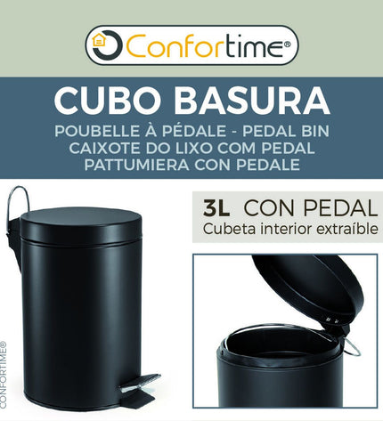 Set of six black Confortime 3L pedal trash cans for home kitchen storage and organization, with foot pedal for hands-free use.