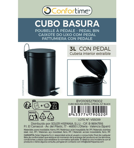 Set of six black 3L Confortime Pedaalemmer trash cans, suitable for house and kitchen storage and organization.