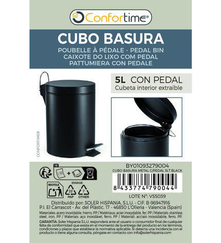 Set of six black Confortime 5L pedal trash cans for kitchen storage and organization, with foot pedal for hands-free use.