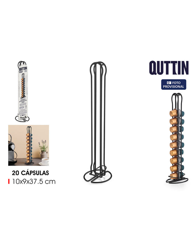 Black Quttin iron coffee capsule organizer with 12 compartments, ideal for kitchen storage of coffee and tea capsules.