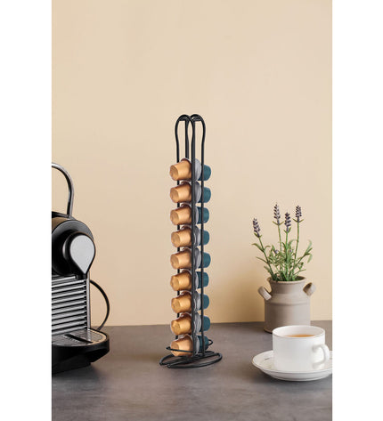 Quttin black iron coffee capsule organizer with 12 slots for kitchen storage, ideal for organizing coffee capsules.