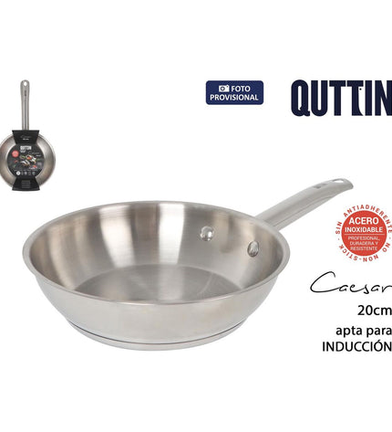 Set of 6 Quttin Caesar stainless steel kitchen pans, silver-colored cookware for home and cooking use.