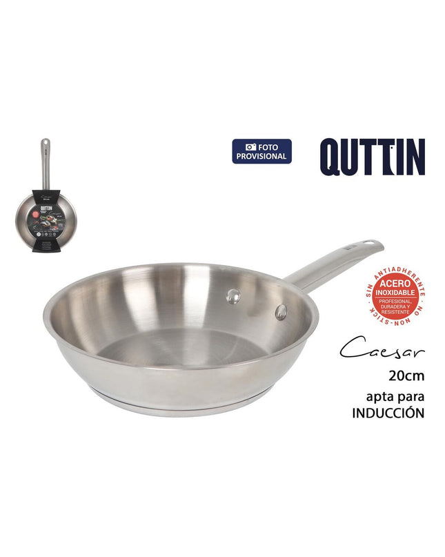 Set of 6 Quttin Caesar stainless steel kitchen pans, silver-colored cookware for home and cooking use.