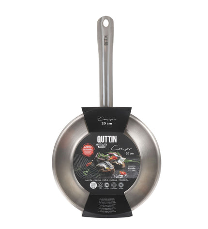 Six Quttin Caesar stainless steel kitchen pans, silver-colored, suitable for house and cooking use, arranged on a kitchen surface.