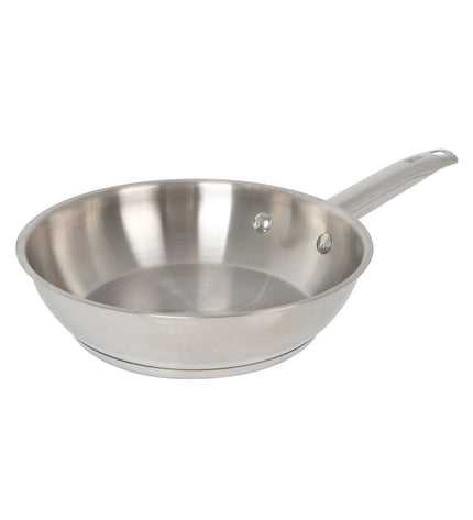 Six Quttin Caesar silver-colored stainless steel kitchen pans, ideal for cooking and home use.