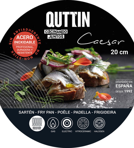 Set of six Quttin Caesar silver-colored stainless steel kitchen pans, ideal for cooking and household use.