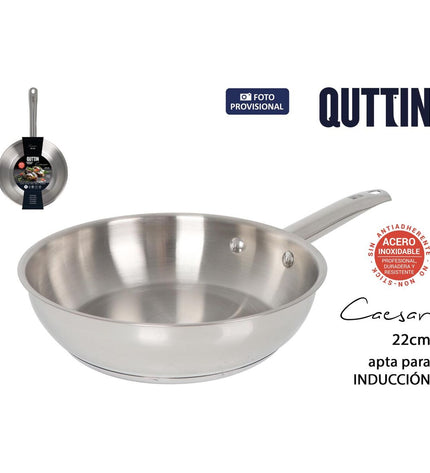 Six Quttin Caesar stainless steel pans with 22 cm diameter, arranged in a stack on a kitchen surface.