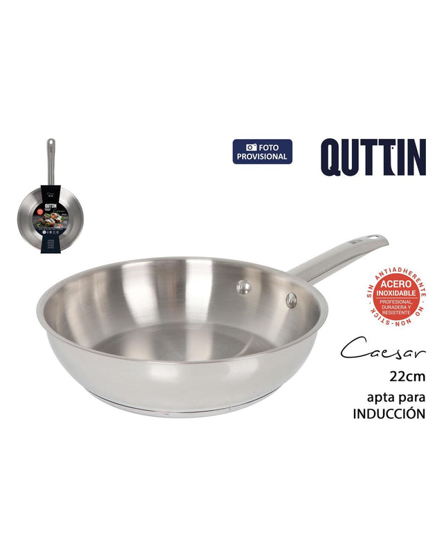 Six Quttin Caesar stainless steel pans with 22 cm diameter, arranged in a stack on a kitchen surface.