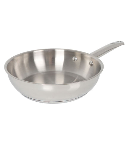 Set of six Quttin Caesar silver-colored stainless steel pans, 22 cm diameter, ideal for house and kitchen use.