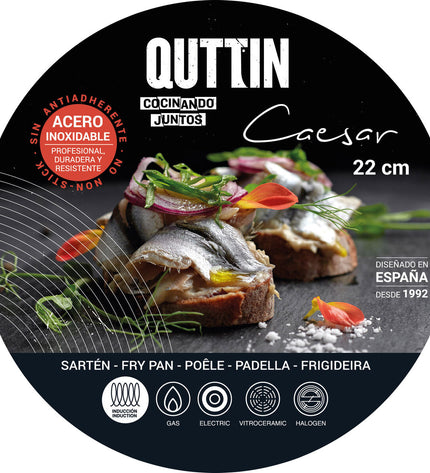 Set of six Quttin Caesar silver-colored stainless steel pans, 22 cm diameter, for home cooking and kitchen use.
