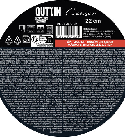 Set of six Quttin Caesar silver stainless steel pans, 22 cm diameter, suitable for house and kitchen cooking tasks.