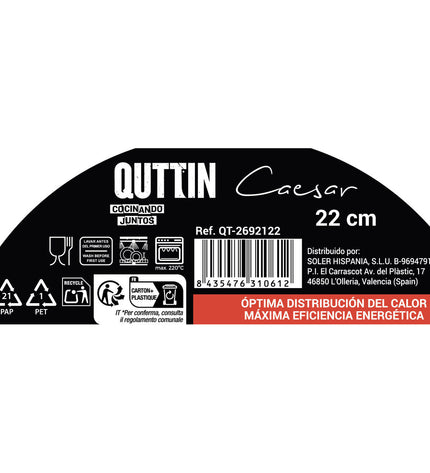 Six Quttin Caesar silver-colored stainless steel pans, 22 cm diameter, used for home cooking and kitchenware.