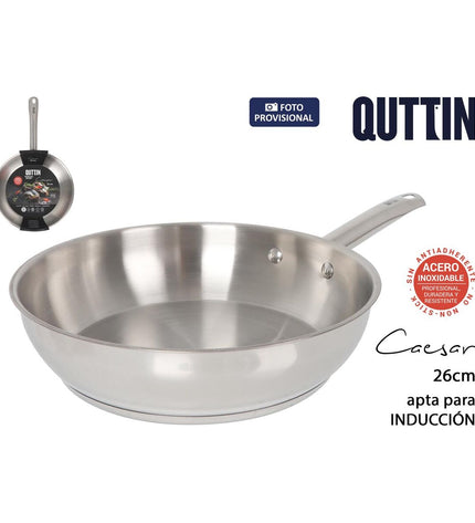 Set of four Quttin Caesar stainless steel pans, 26 cm diameter, ideal for home cooking and kitchen use.