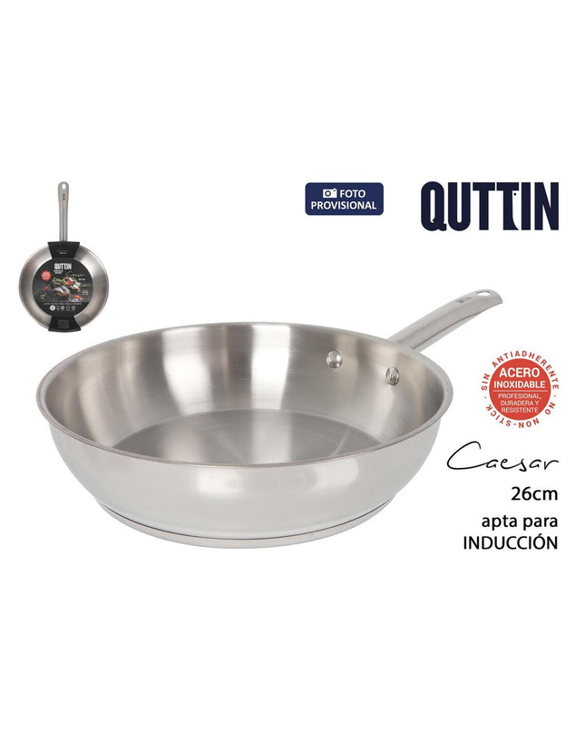 Set of four Quttin Caesar stainless steel pans, 26 cm diameter, ideal for home cooking and kitchen use.