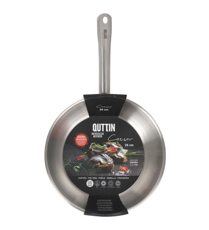 Set of four Quttin Caesar stainless steel pans, 26 cm diameter, ideal for home cooking and kitchen use.