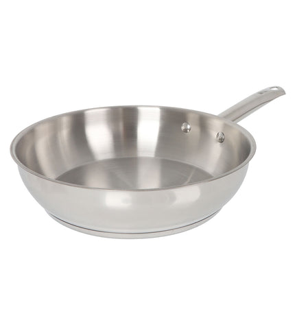 Set of four silver-colored Quttin Caesar stainless steel pans, 26 cm diameter, suitable for home cooking and kitchen use.